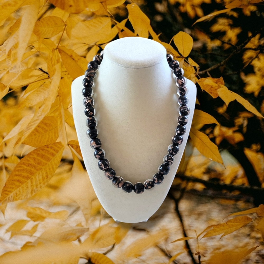 Artisan Chunky 80s VTG Black/Gold Handblown Glass Beaded Marble Necklace